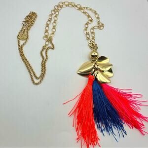 Lily Pulitzer Long Chain Quill Out Necklace Pink Blue Tassel Gold tone Preppy